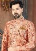 Peach Asymmetric Floral Printed Sherwani With Dhoti