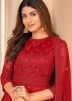 Red Embroidered Abaya Style Anarkali Suit
