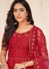 Red Embroidered Anarkali Style Suit In Net
