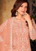 Peach Embroidered Palazzo Style Suit In Net