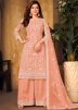 Peach Embroidered Palazzo Style Suit In Net