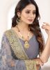 Grey Resham Embroidered Saree In Net