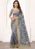 Grey Resham Embroidered Saree In Net