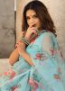 Blue Organza Saree In Floral Print