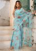 Blue Organza Saree In Floral Print