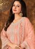 Peach Thread Embroidered Palazzo Suit In Net