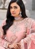 Peach Thread Embroidered Palazzo Suit In Net