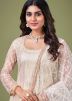 Cream Zari Embroidered Pant Suit Set In Net