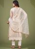 Cream Zari Embroidered Pant Suit Set In Net