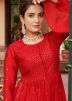 Red Embroidered Palazzo Suit Set In Chiffon