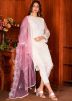 White Net Embroidered Pant Suit Set With Dupatta
