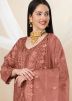 Peach Embroidered Pant Style Suit In Net
