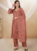 Peach Embroidered Pant Style Suit In Net
