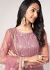 Pink Embroidered Pant Suit Set In Net