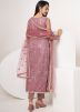 Pink Embroidered Pant Suit Set In Net