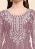 Mauve Pink Embroidered Pant Suit In Net