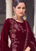 Maroon Thread Embroidered Velvet Pant Suit Set