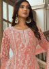 Peach Embroidered Suit Set In Net