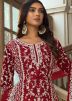 Red Embroidered Suit Set In Net