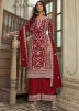 Red Embroidered Suit Set In Net
