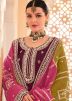 Wine Chiffon Pant Suit In Thread Embroidery