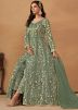 Sage Green Embroidered Slitted Net Pant Suit