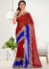 Red & blue Half N Half Georgette Saree In Stone Work