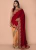 Peach & Red Half N Half Embroidered Saree