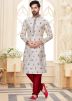 Readymade White Printed Dupion Silk Kurta With Churidar