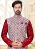 Maroon Kurta Churidar Set With Printed Nehru Jacket