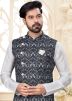 White Kurta Churidar Set With Printed Asymmetric Nehru Jacket