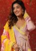Pink Floral Printed Anarkali Suit Set In Cotton