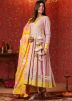 Pink Floral Printed Anarkali Suit Set In Cotton