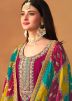 Magenta Embroidered Pant Suit In Chiffon