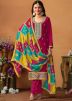 Magenta Embroidered Pant Suit In Chiffon
