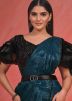 Teal Blue Embroidered Readymade Saree In Satin Silk