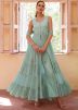 Readymade Pastel Turquoise Embroidered Slitted Pant Suit