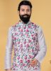 White Kurta Churidar With Floral Printed Nehru Jacket