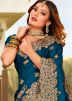 Teal Blue Satin Saree In Zari Embroidery