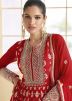 Red Georgette Anarkali Suit In Dori Embroidered