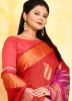 Red & Pink Woven Silk Saree In Half N Half