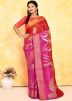 Red & Pink Woven Silk Saree In Half N Half