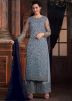 Grey Thread Embroidered Palazzo Suit In Net