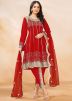Red Sequins Work Dhoti Style Readyamde Flared Suit