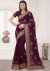 Wine Zari Work Saree In Shimmer