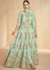 Readymade Green Embroidered Slitted Suit In Silk