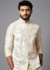 Cream Readymade Nehru Jacket With Kurta Pyjama