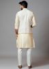 Cream Readymade Nehru Jacket With Kurta Pyjama