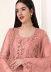 Peach Embroidered Palazzo Style Suit In Net