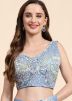 Blue Embroidered Saree In Lycra